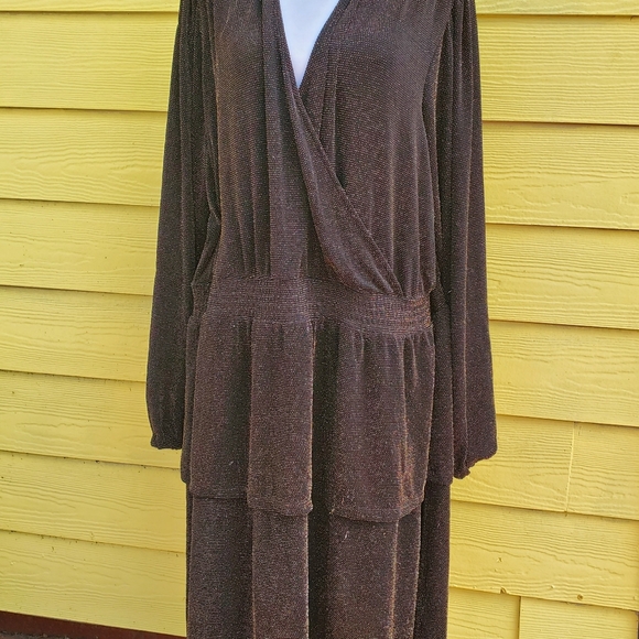 Brown Wrap Tiered Long Sleeve Dress - Picture 1 of 7